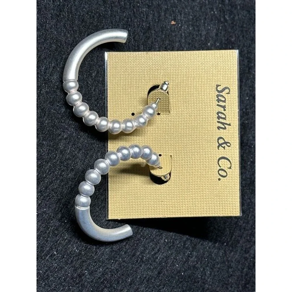 Sarah & Co Silver Tone Textured Bead Half Hoop Earrings Boho Statement Style New